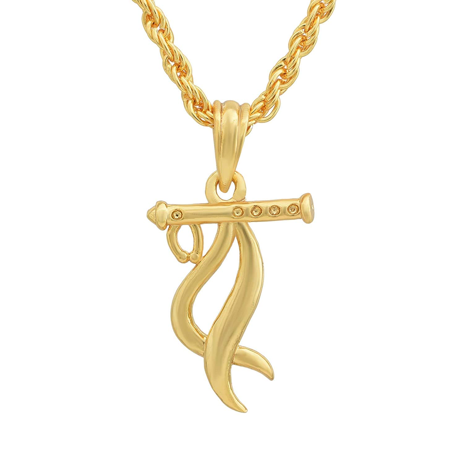 Gold Plated Brass Flute Bansuri of Lord Krishna Pendant Locket Necklace Spiritual Temple Jewellery for Unisex