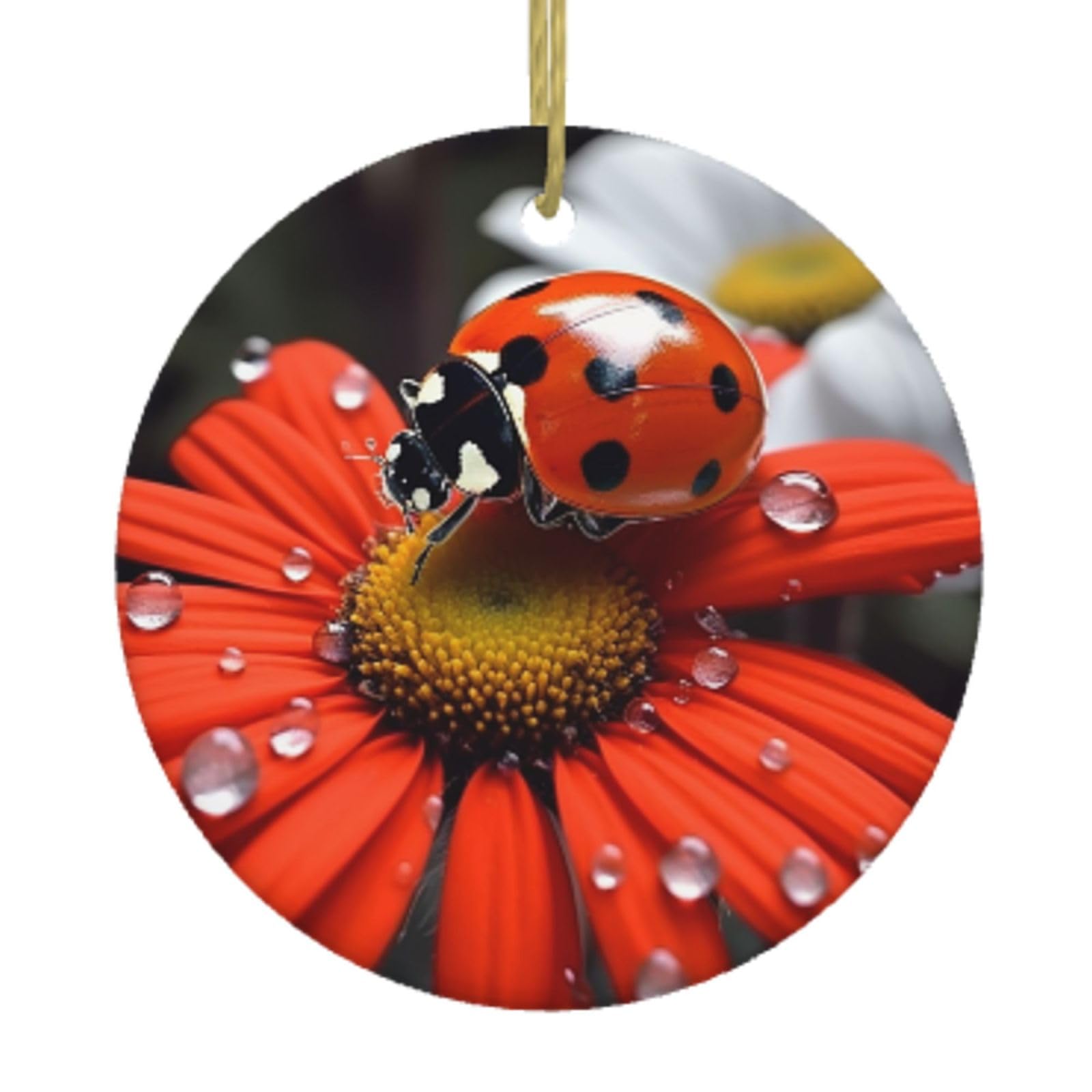 Ceramic Christmas Tree Hanging Ornaments with Gold Ropes Christmas Tree Decorations Round Ceramic Ladybug Daisy Pendant Keepsake Decorations for Holiday Xmas Gift Ideas