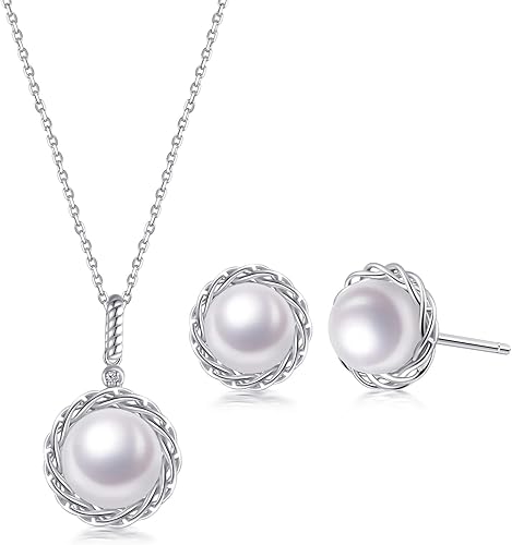 immobird Pearl Set Jewelry for Women Sterling Silver Real Pearl Earrings and Necklace Set for Women Pearl Bridal Jewelry Set for Wedding