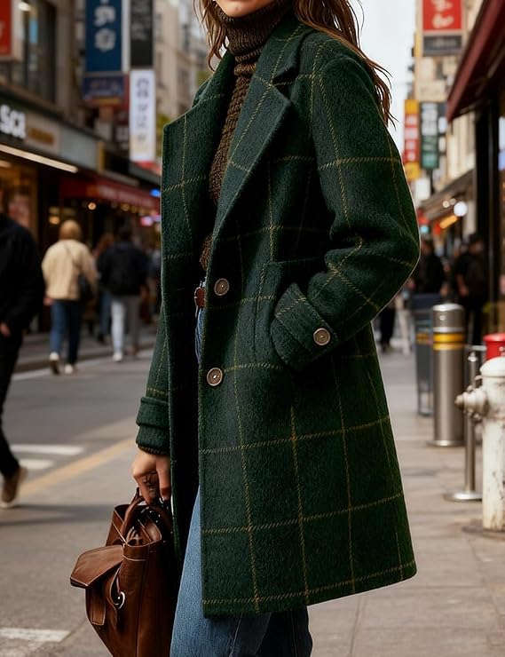 chouyatou Women's Winter Notched Collar Plaid Wool Trench Coat Button Down Mid Long Overcoat Outerwear