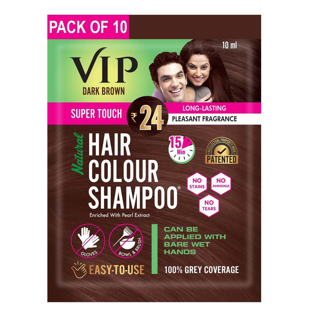 VIP Hair Colour shampoo Semi Permanent Hair Color at home with 100% Grey Coverage, Travel Friendly Pocket Dark Brown Sachet, 10ml(Pack of 10)-image-33