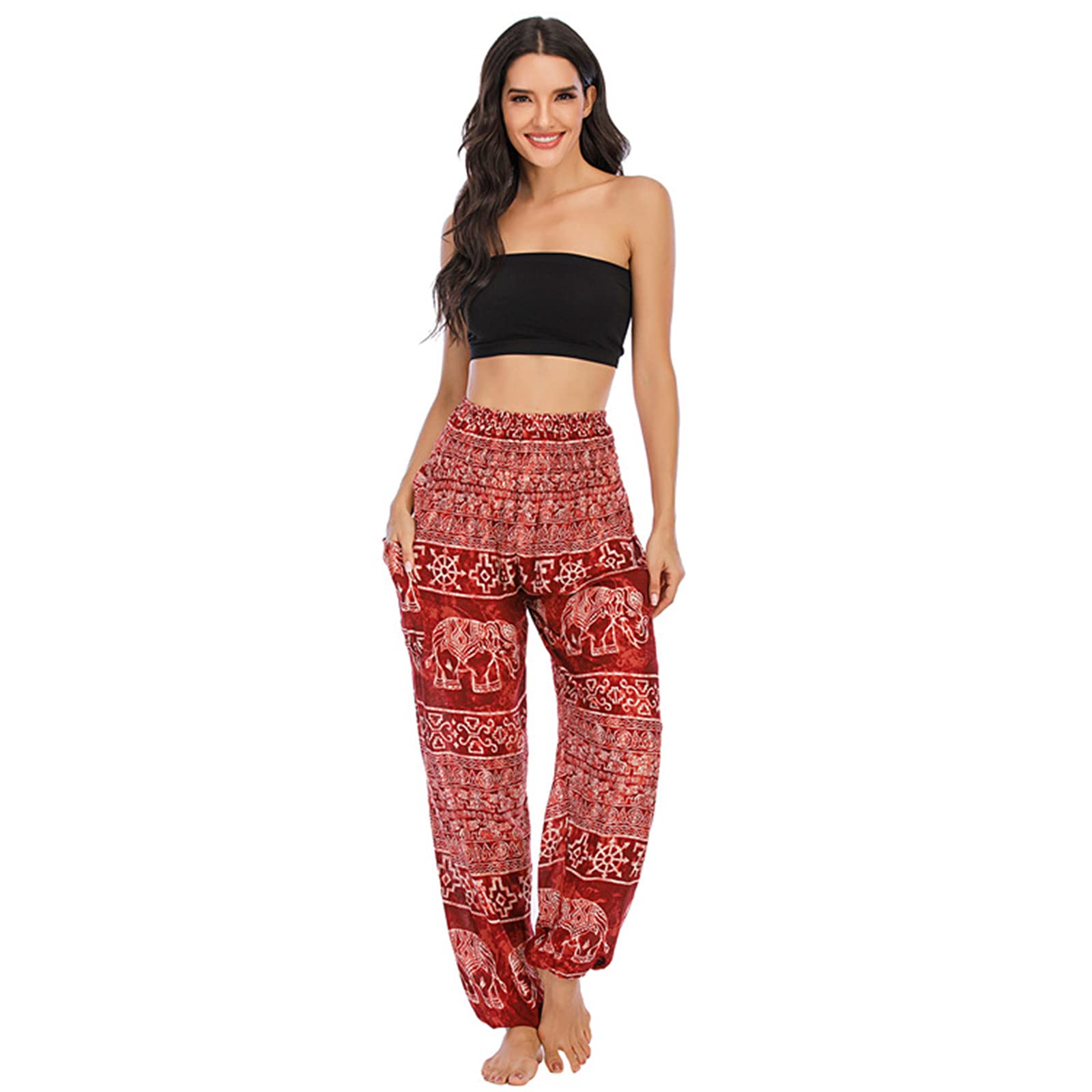 kewing Harem Pants for Womens Hippie Boho Yoga Trousers with Elephant Pattern- High Waisted Baggy Trousers Thai Yoga Pants