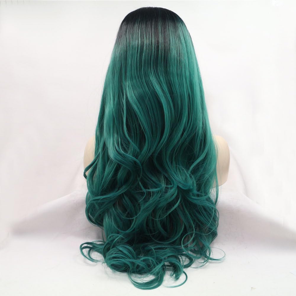 Xiweiya Wig 1B# Dark Green Body Wave Lace Front Wig Synthetic Ombre Green Heat Resistant Fiber for Women Drag Queen 24" - Image 3
