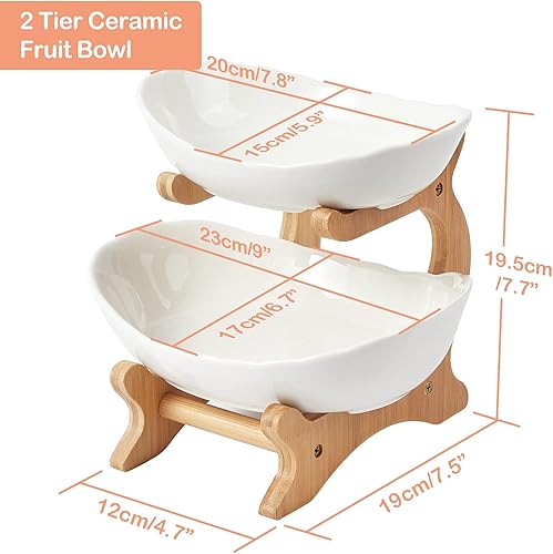 Miniatura 2 de Goyappin Frutero de cerámica de 2 niveles con soporte de madera de bambú soporte para cesta de frutas de cocina blanco juego de bandeja para servir
