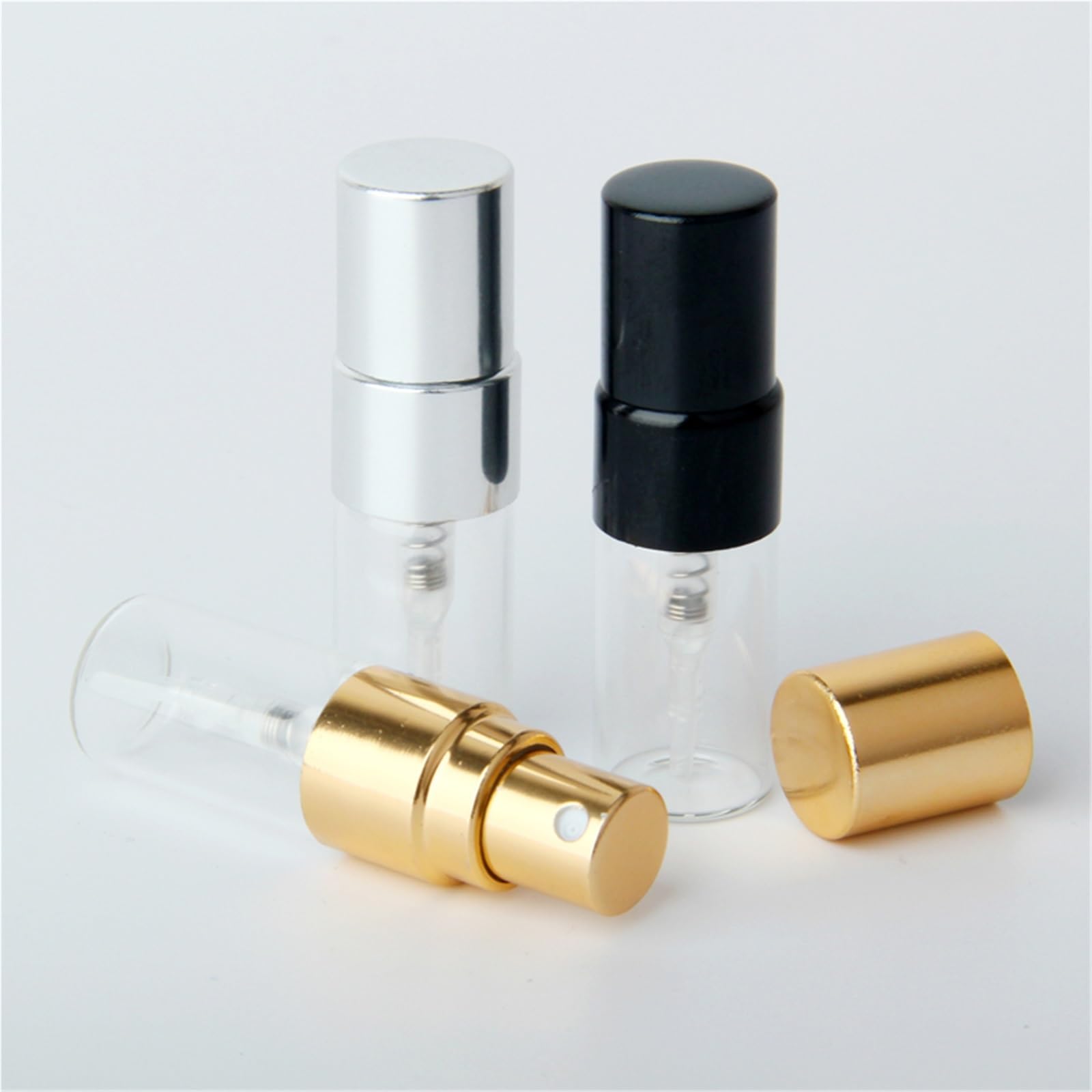 100 botellas de perfume recargables de 2 ml/3 ml/5 ml/10 ml, botellas de perfume vacías con atomizador (color mezclado, vidrio transparente, 5 ml)
