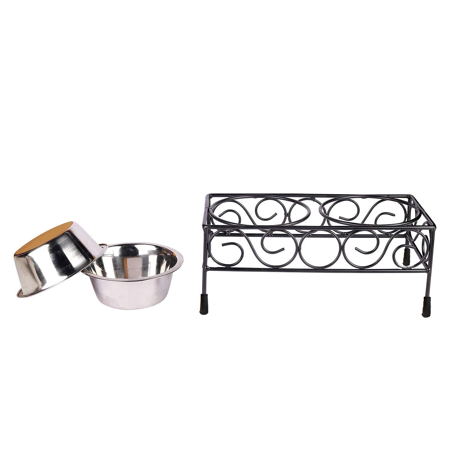 Ja Handicrafts Iron Dog Bowl Stand Collection Diner For Dogs And Cats Stainless Steel Food And Water Bowls With Iron Stand (Large (900 Ml X 2 Bowl)).,?10 cm,H_14 cm,W_15 cm 3