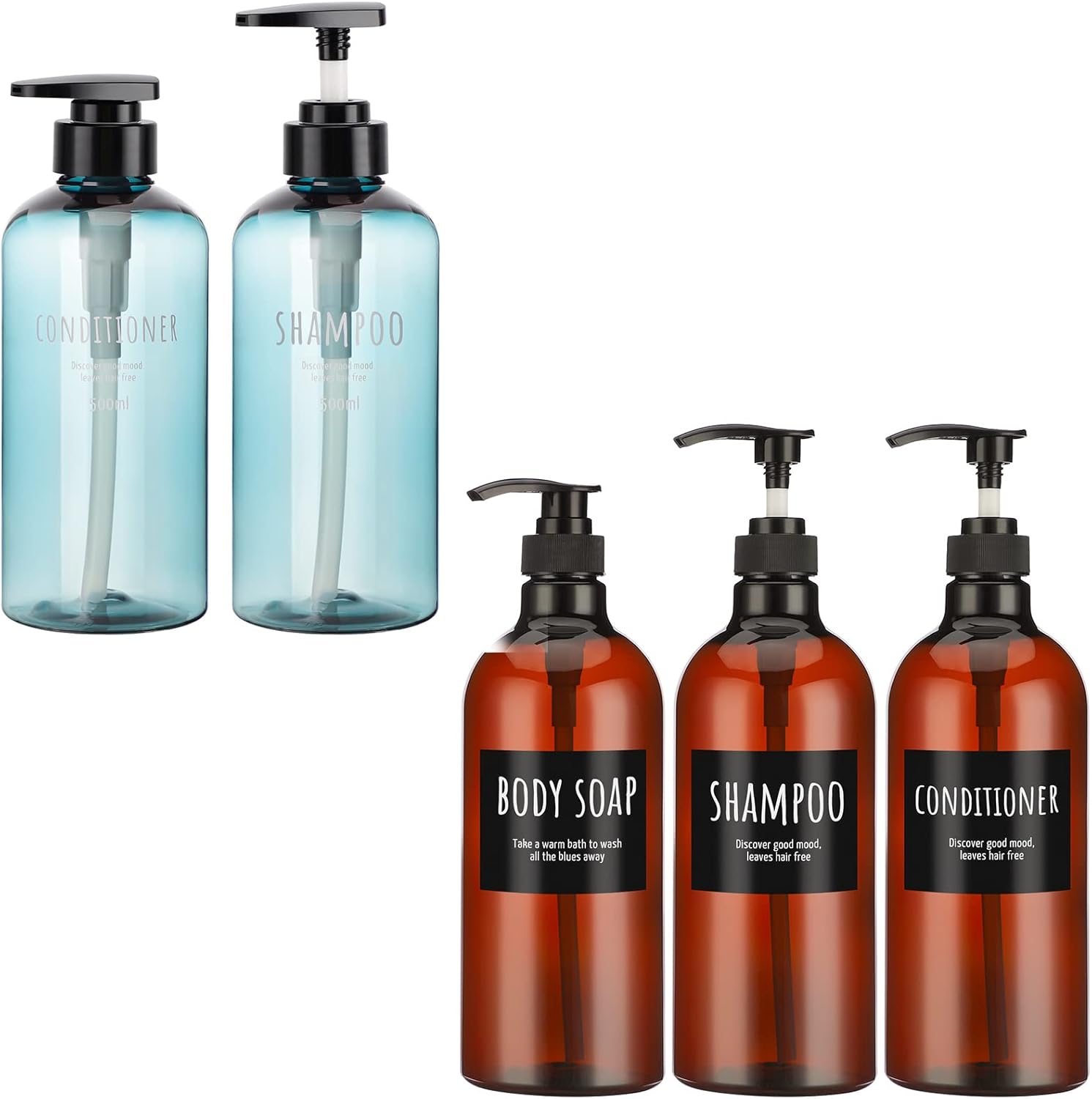 Segbeauty 5pcs Shampoo Bottle, 32oz 16.9oz Empty Refillable Soap Dispenser with Pump, 1Liter 500ml Plastic Reusable Squeeze Shower Bottle for Shampoo Conditioner Body Wash Lotion Bathroom Blue Brown