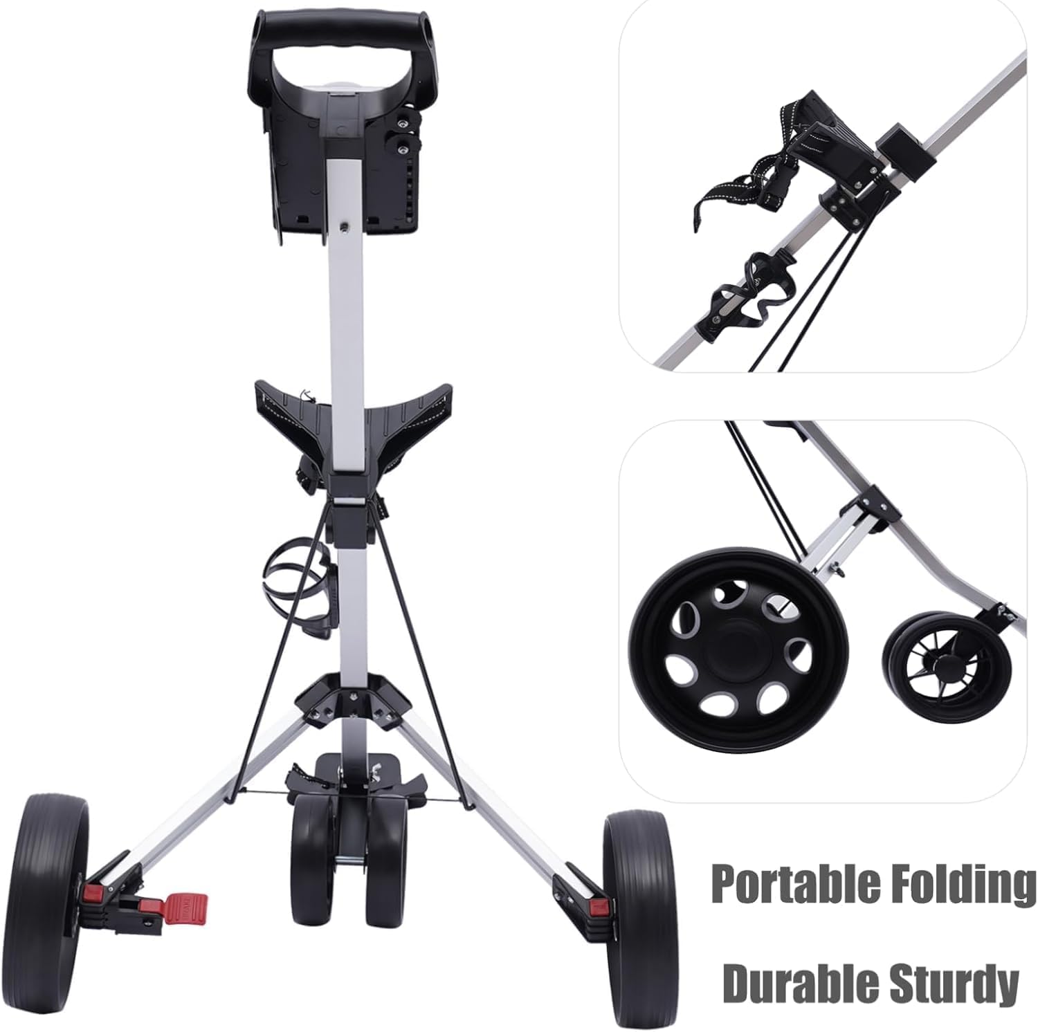 Silver,Golf Push Cart, 3 Wheel Foldable Golf Trolley Push Pull Cart with Scoreboard, Golf Bag Cart for Golf Courses Gyms, Adjustable Straps