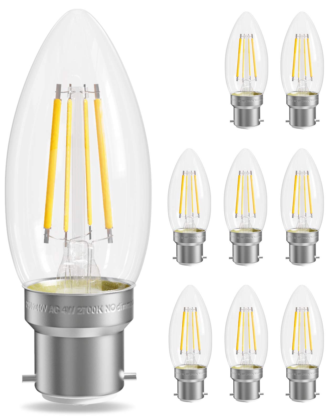 QNINE 8-Pack Warm White Candle Bulbs Bayonet, 4W (40W Equivalent), 400lm, LED Filament Bulb, 2700K, Non-Dimmable [Energy Class F]