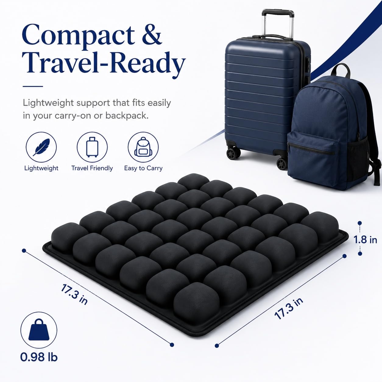 Condition photo showing New/Like New for inflatable travel seat cushion with built-in pump - compact airplane seat cushion for long flights - ergonomic air pad for car, stadium bleachers & desk chair comfort (dark) | built-in pump