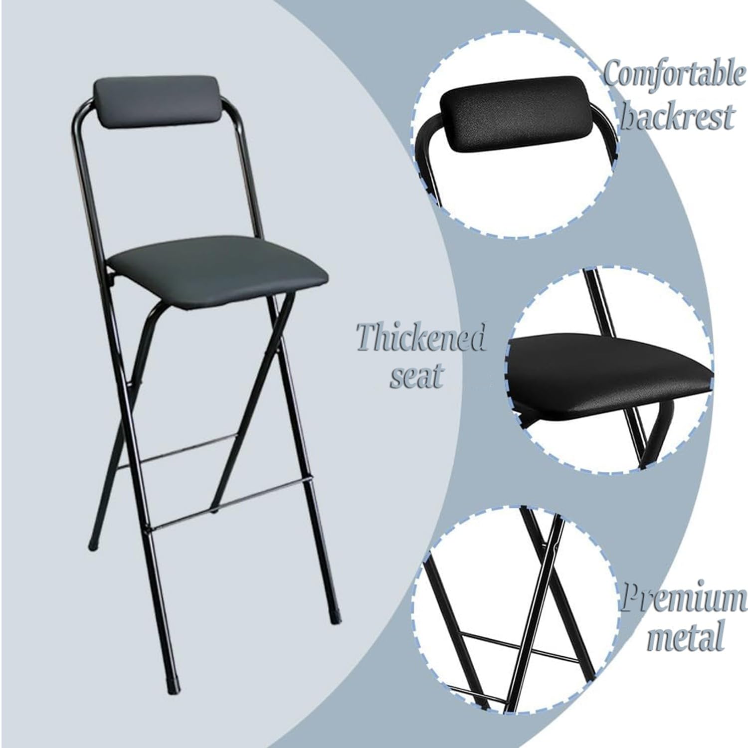 Taburete De Bar Plegable con Respaldo, Silla De Cocina Tapizada con Altura De Barra, Trona Portátil para Adultos, Taburete Alto para Desayuno Interior Y Balcón 65CM