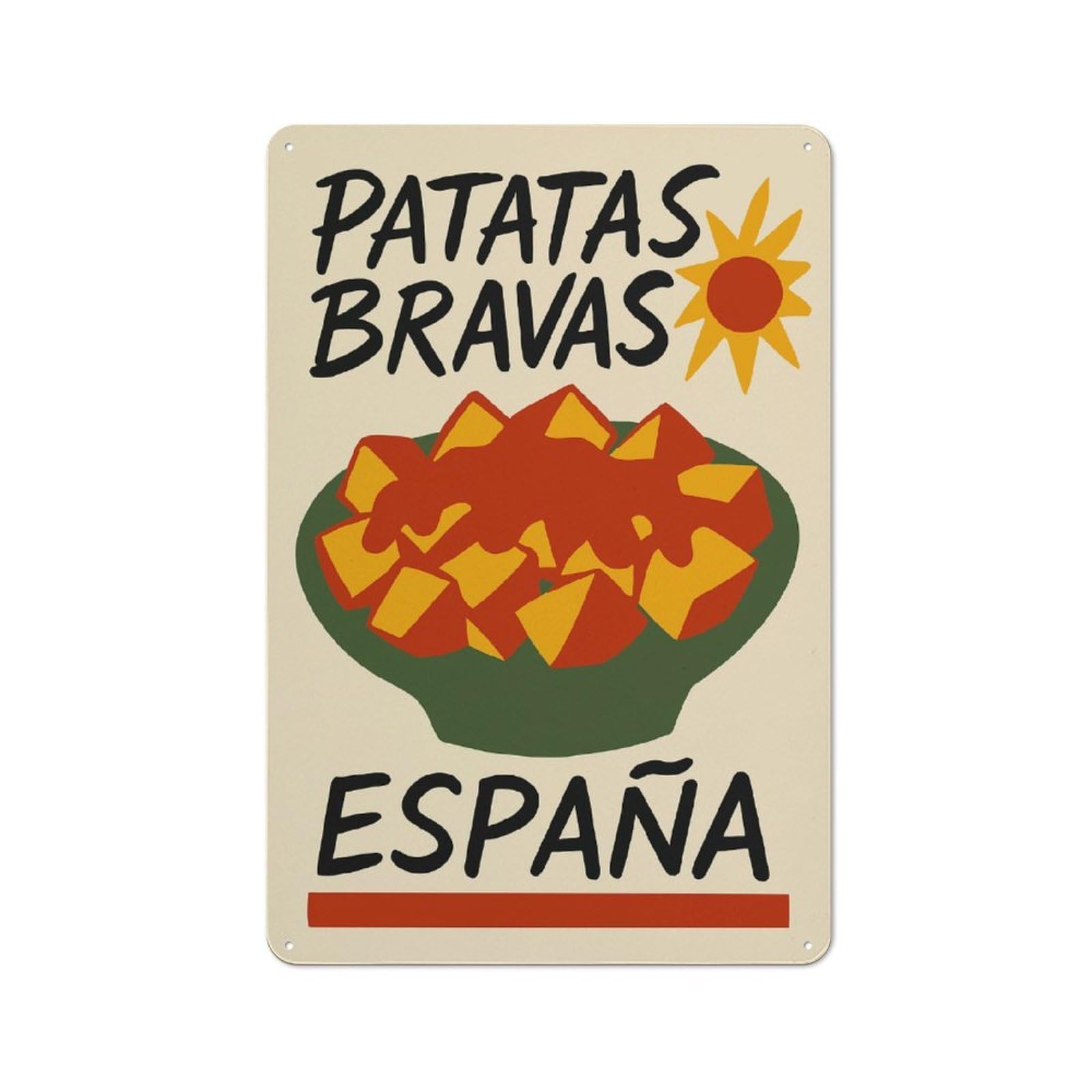 Junmoney Style-18 Modern Retro Metal Wall Art Sign 30X20cm Featuring Patatas Bravas España Food, Urban Room Decor For Flat, Bar, Studio Or Gallery Wall