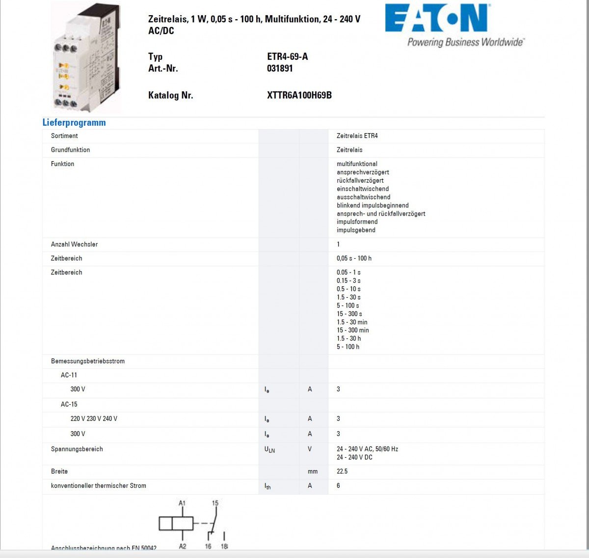 Eaton ETR4-69-A Relé Temporizador, 1W, 0.05s-100h, Multi-Función, 24-240 V AC/DC