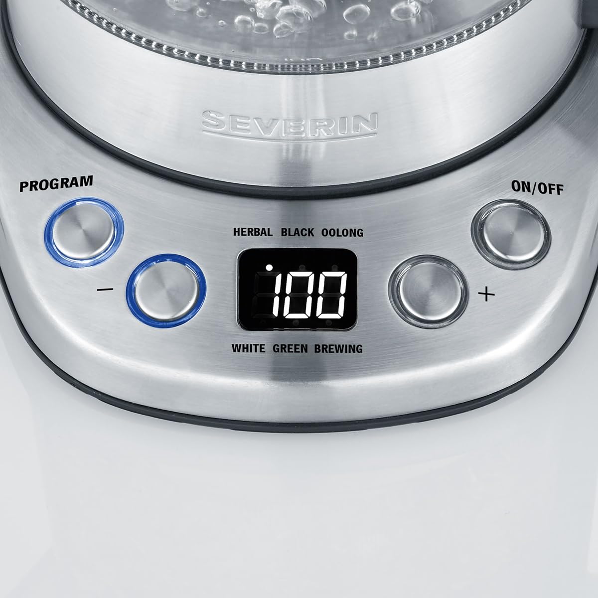 SEVERIN Tetera y hervidor de agua Deluxe Mini, tetera eléctrica de cristal para hasta 1,0 L, tetera pequeña con temperatura ajustable, color acero cepillado/negro, WK 3473