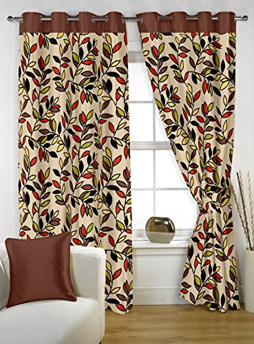 Image of Story@Home Topaz Premium Collection Modern Polyester 4 Piece Combo Eyelet Floral Pattern Ringtop Window Curtains Set - 5 Feet, Brown
