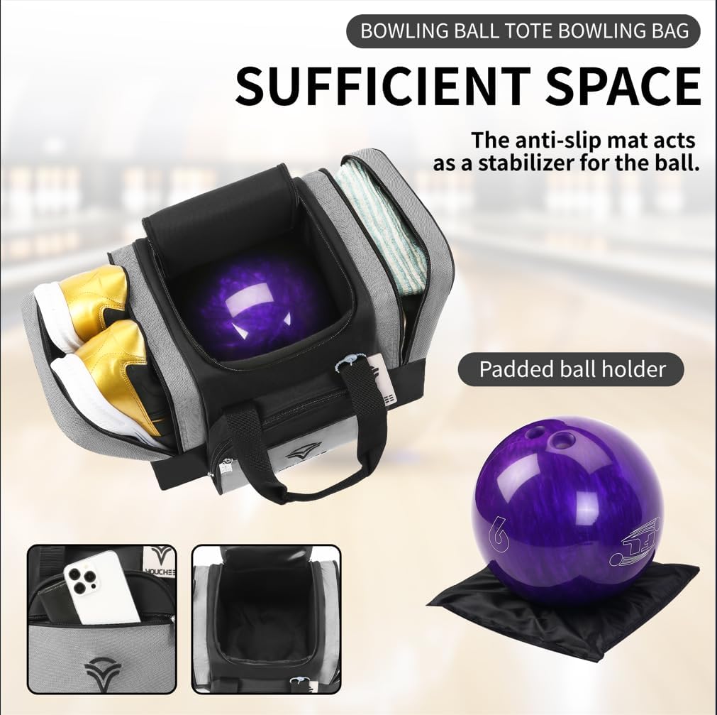 Single Ball Bowling Bag with Padded Ball Cup, Fits Men's Bowling Shoes Up to Size 15, Durable 600D Fabric Bowling Tote with Accessory Pockets for League & Practice