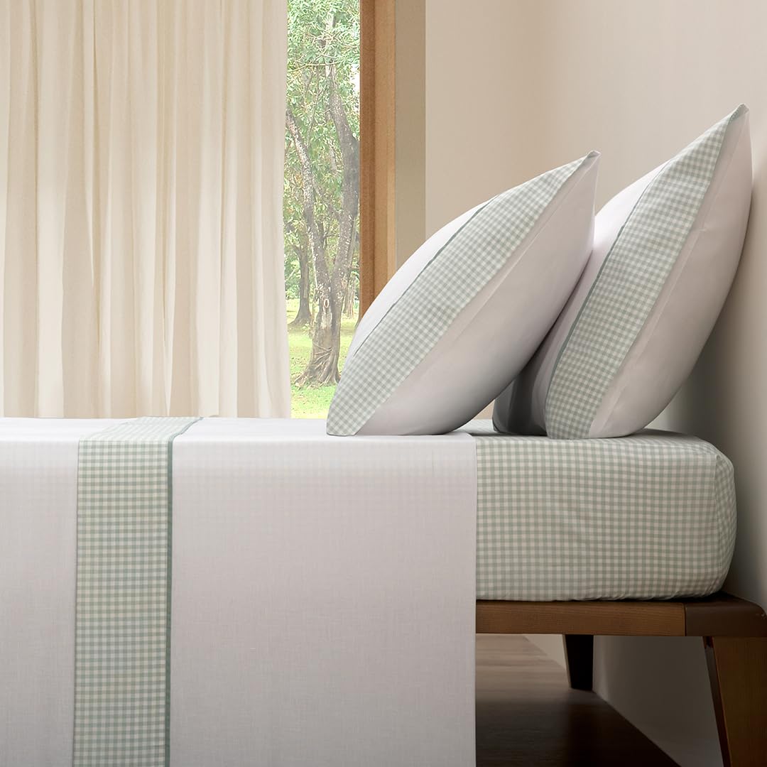 Sábanas Verde Agua Vichy Sábanas de 200 Hilos para Cama 160-100% Algodón Suave - Sábana Encimera, Sábana Bajera Ajustable y Dos Fundas de Cojines