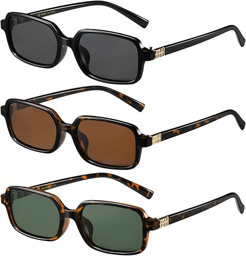 MASDUN Lentes de sol rectangulares estrechos polarizados para mujeres y hombres, lentes de sol retro Y2k de los años 90 (paquete de 3)