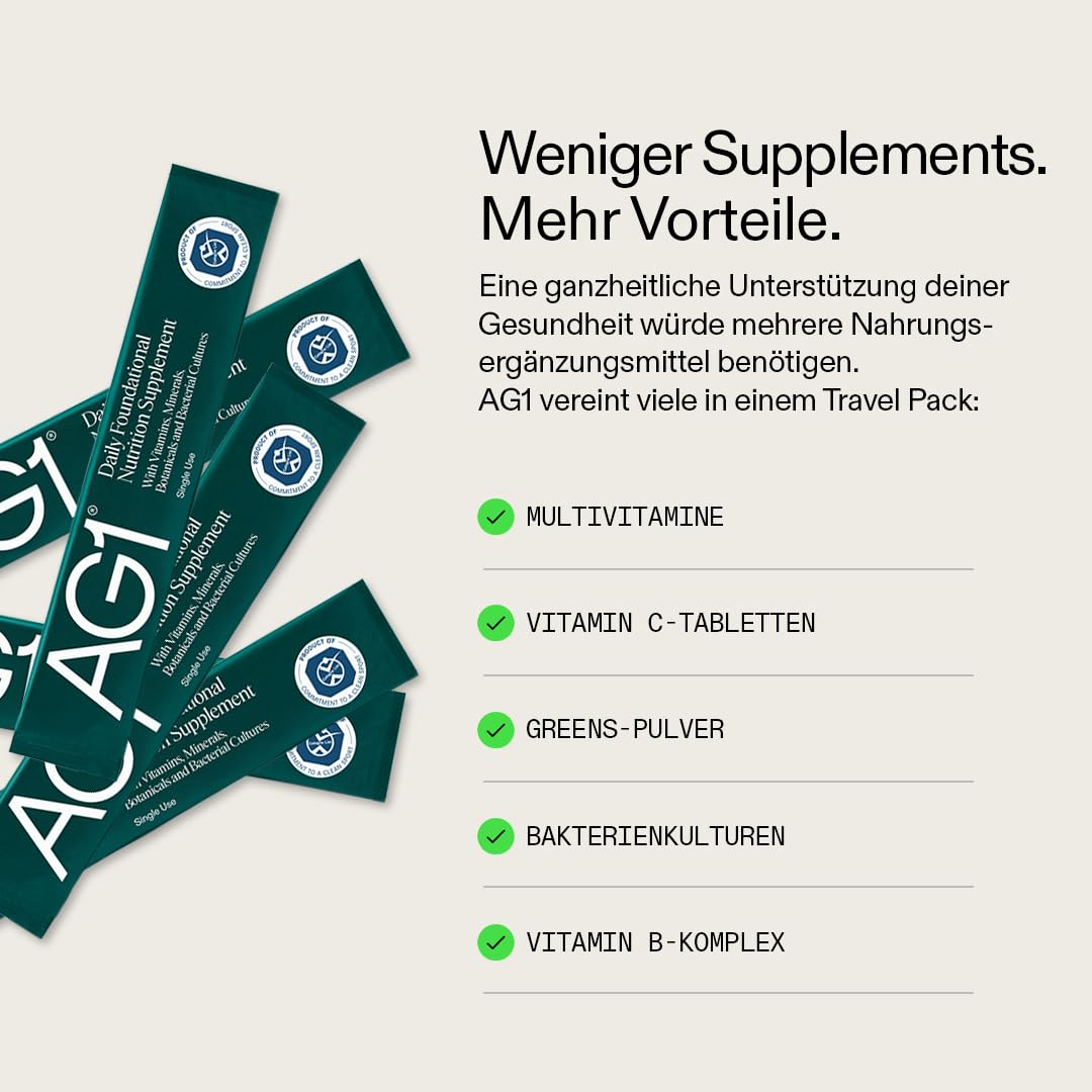 AG1 Greens Pulver Supplement | Täglicher Nährstoff-Boost: Vitamine, Mineralstoffe, gute Darmbakterien, Vegan & Keto-freundlich | (Travel Packs, 30 Stück, Nachfüllpackung ohne Shaker) - Refill