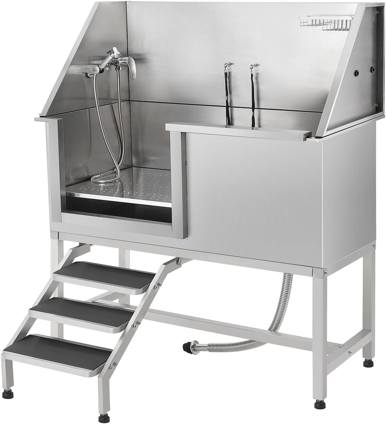 Professional Dog Washing Station,62" Stainless Steel Pet Grooming Tub w/Sliding Door, Non-Slip Steps,Faucet & Showerhead & Soap Holder Bathtub,for Medium & Small Dogs, Supports 250Lbs