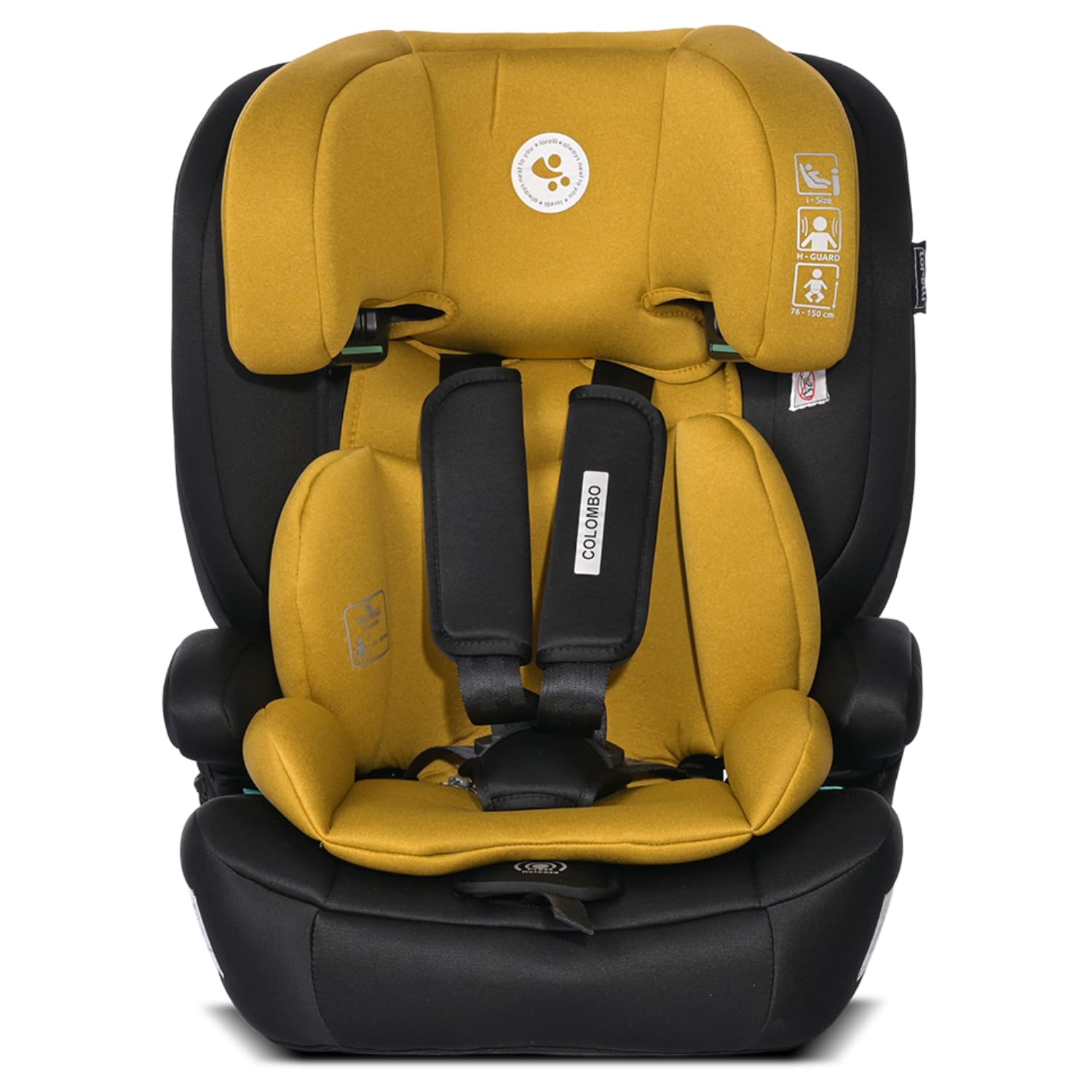 Lorelli Auto Kindersitz Colombo i-Size, mitwachsender Autositz für Kinder von 76-150 cm, Babysitz, Autokindersitz, Einstellbare Kopfstütze, 5-Punkt-Sicherheitsgurt, gelb