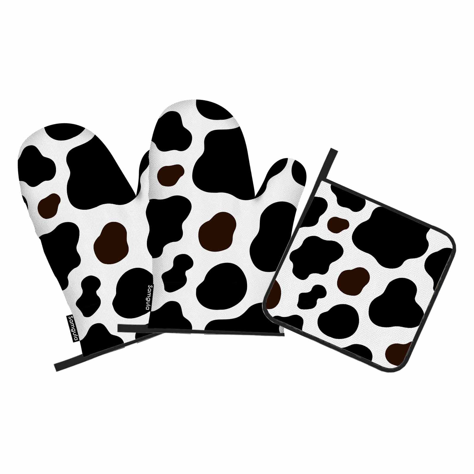 Samgula Brown Black Spots Oven Mitts and Pot Holders Sets Milk Cow Skin Texture Heat Resistant 3pcs for Cooking Baking BBQ