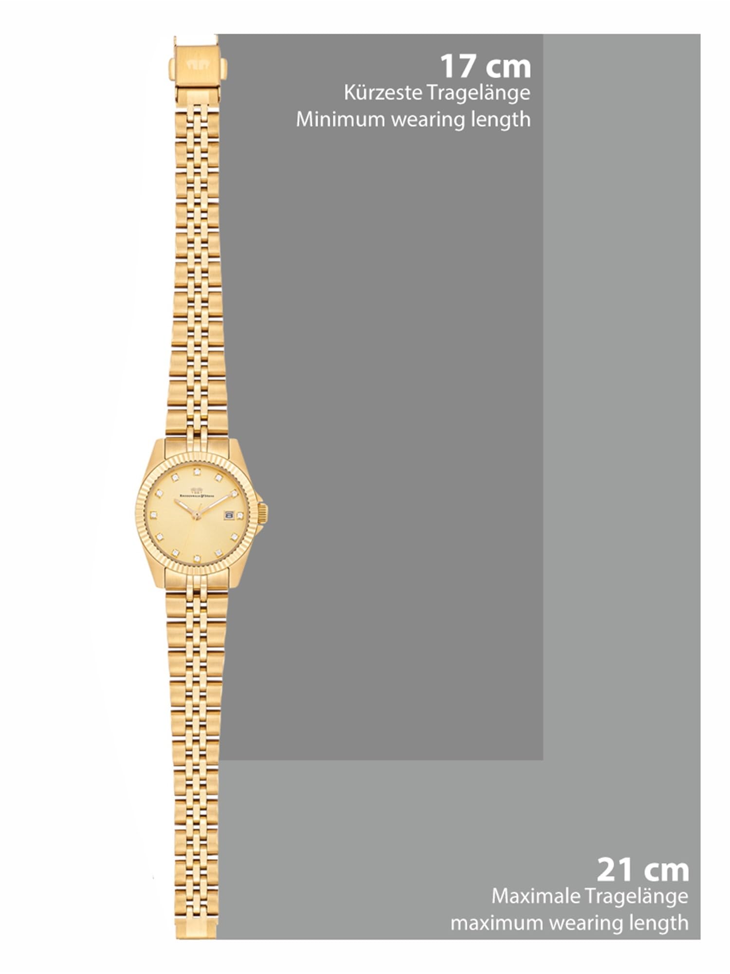 Rhodenwald & Söhne Damen Uhr analog Quarzwerk 5 ATM mit Edelstahl Glieder-Armband Gelbgold verziert mit Kristallen - Armbanduhr Frauen 10010492