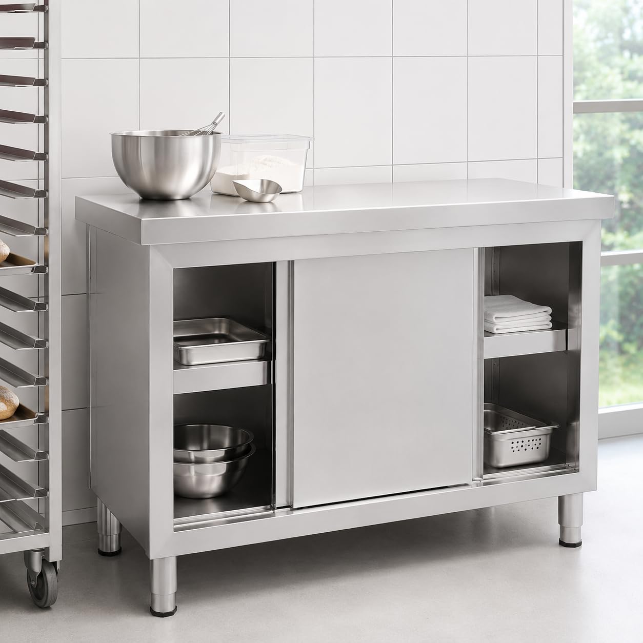 Mesa de trabajo (acero inoxidable, con puertas correderas, mueble de almacenamiento de cocina, de acero inoxidable, armario bajo para preparación, restaurante hotel cantina bar, laboratorio