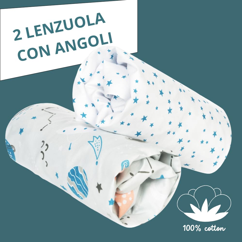 FlyIdeas Set 2 Lenzuola Navicella Neonato 75x35 cm + 1 Coprimaterasso Carrozzina Impermeabile – 100% Cotone – Traspirante, Morbido, Adatto per Culla e Passeggino (Cosmos)