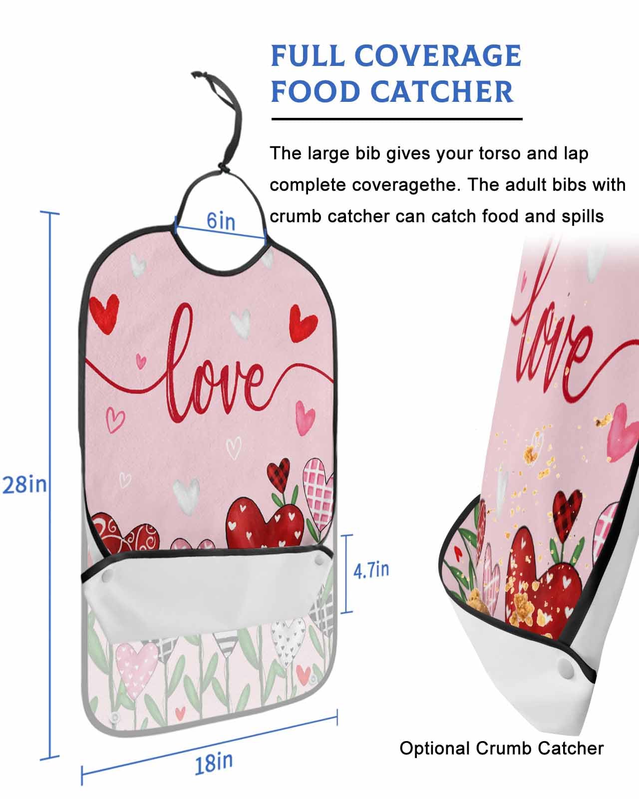 LEOKOTI Pink Valentines Adult Bibs for Eating, Waterproof Bibs with Food Catcher & Adjustable Snap Closure, Love Heart Botanical Watercolor Washable Clothing Protectors Adult Bibs for Elderly