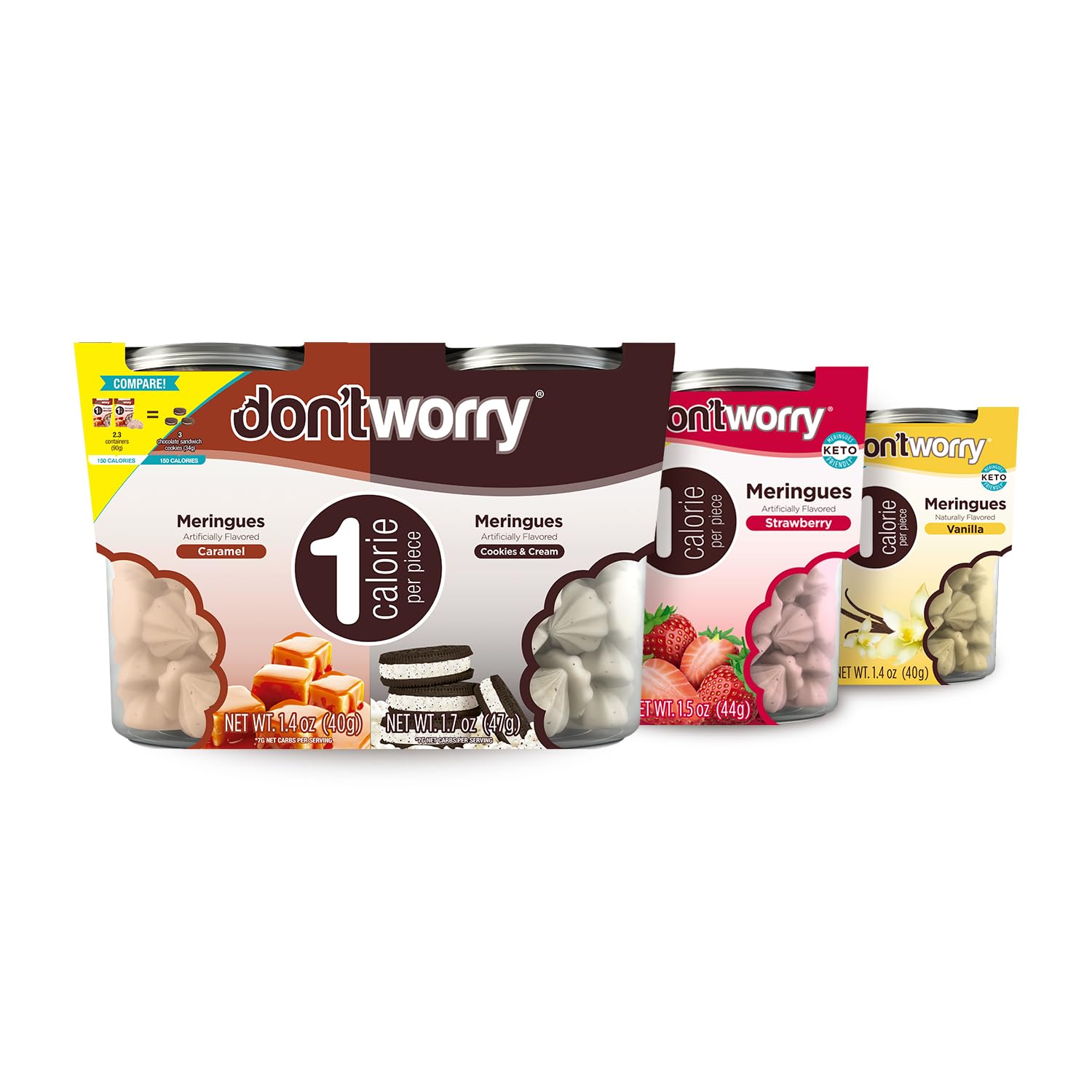 Don't Worry Keto Friendly Meringue Cookies 4 Pack - Cookies & Cream, Caramel, Strawberry, Vanilla, Low Carb Snacks, Healthy Protein Snacks