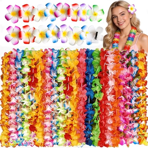 Evance 52Pcs Collier de Fleurs Hawaienne Set, 36 Hawaiian Lei + 16 Fleur de Plumeria Barrette, Collier de Fleurs Tropicales, Collier Fleurs Hawaien, Collier de...