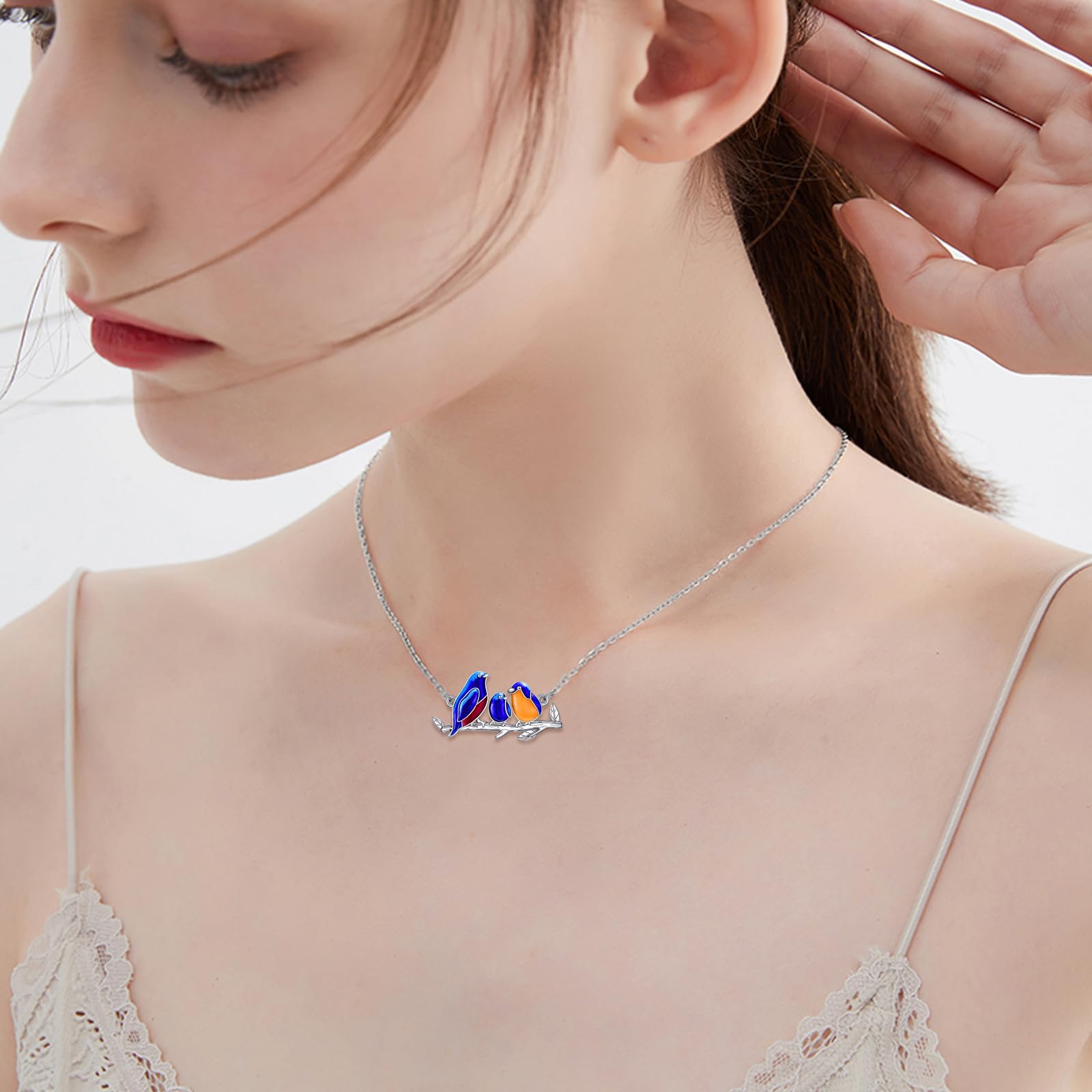 AXELUNA Blue Jay Collana in argento Sterling 925 Blue Jay Famiglia Collana 3 uccelli su ramo, collana argento tre piccoli uccelli animali ciondolo regali per le donne amanti, Argento sterling, Nessuna