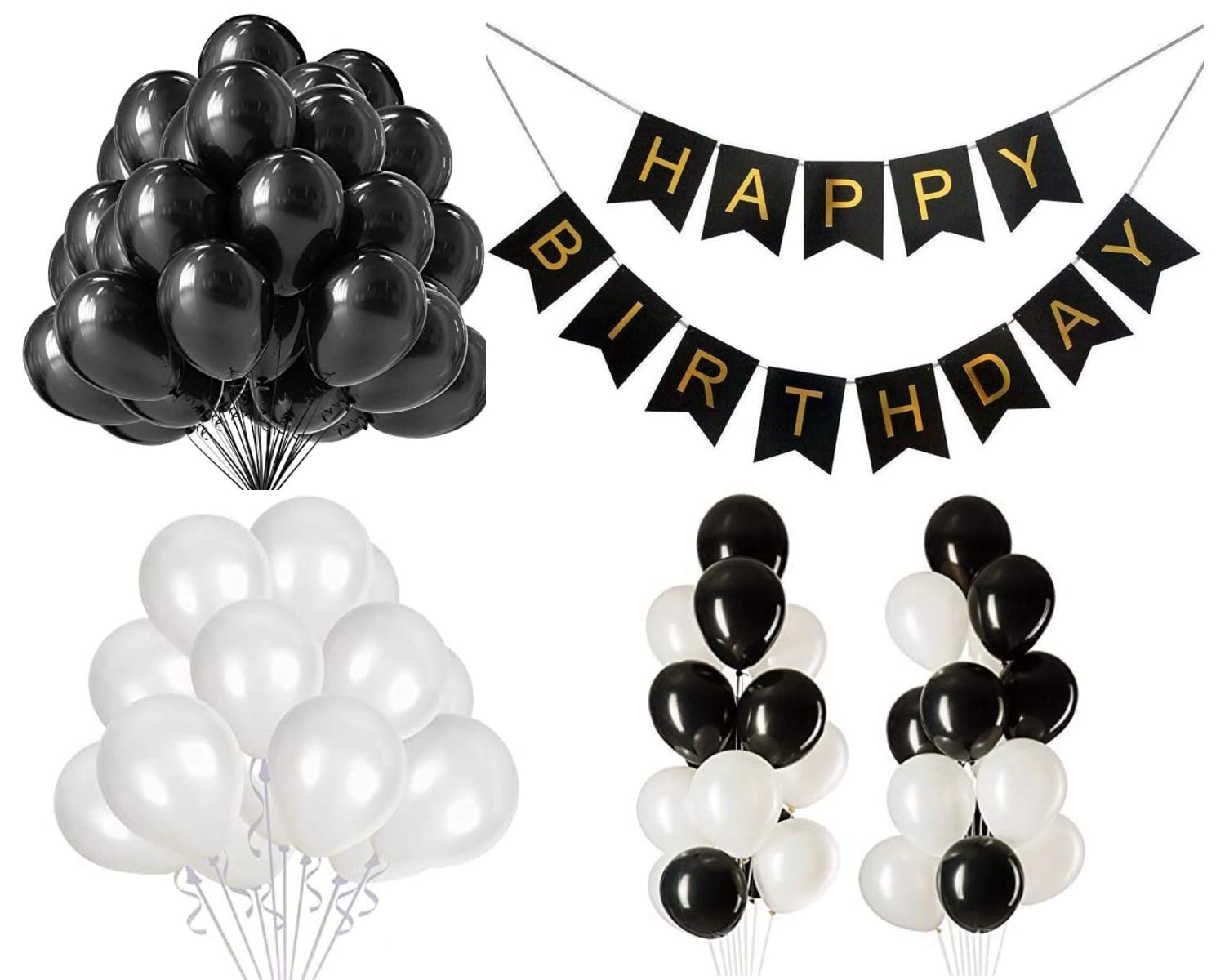 LOOTERA Happy Birthday Decoration Kit (20-20Pc.) Black and White Latex Metallic Shine Balloons With Black Color Happy Birthday Banner (Set of 1)