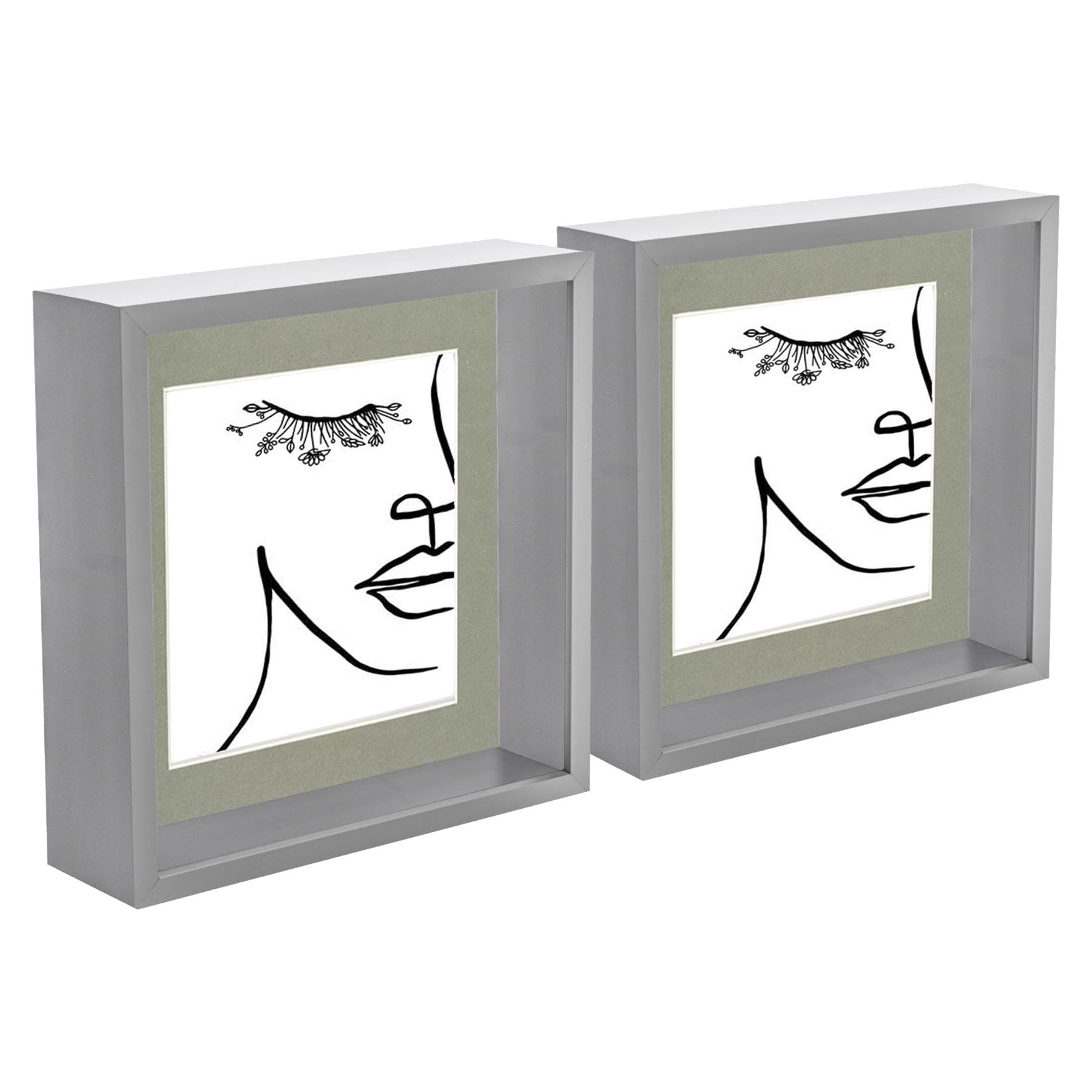 2x Grey 8" x 8" Acrylic Deep Shadow Box Frame - Grey 6" x 6" Mounts - Glass Photo Picture Flower Craft Memory Wall Display - By Nicola Spring