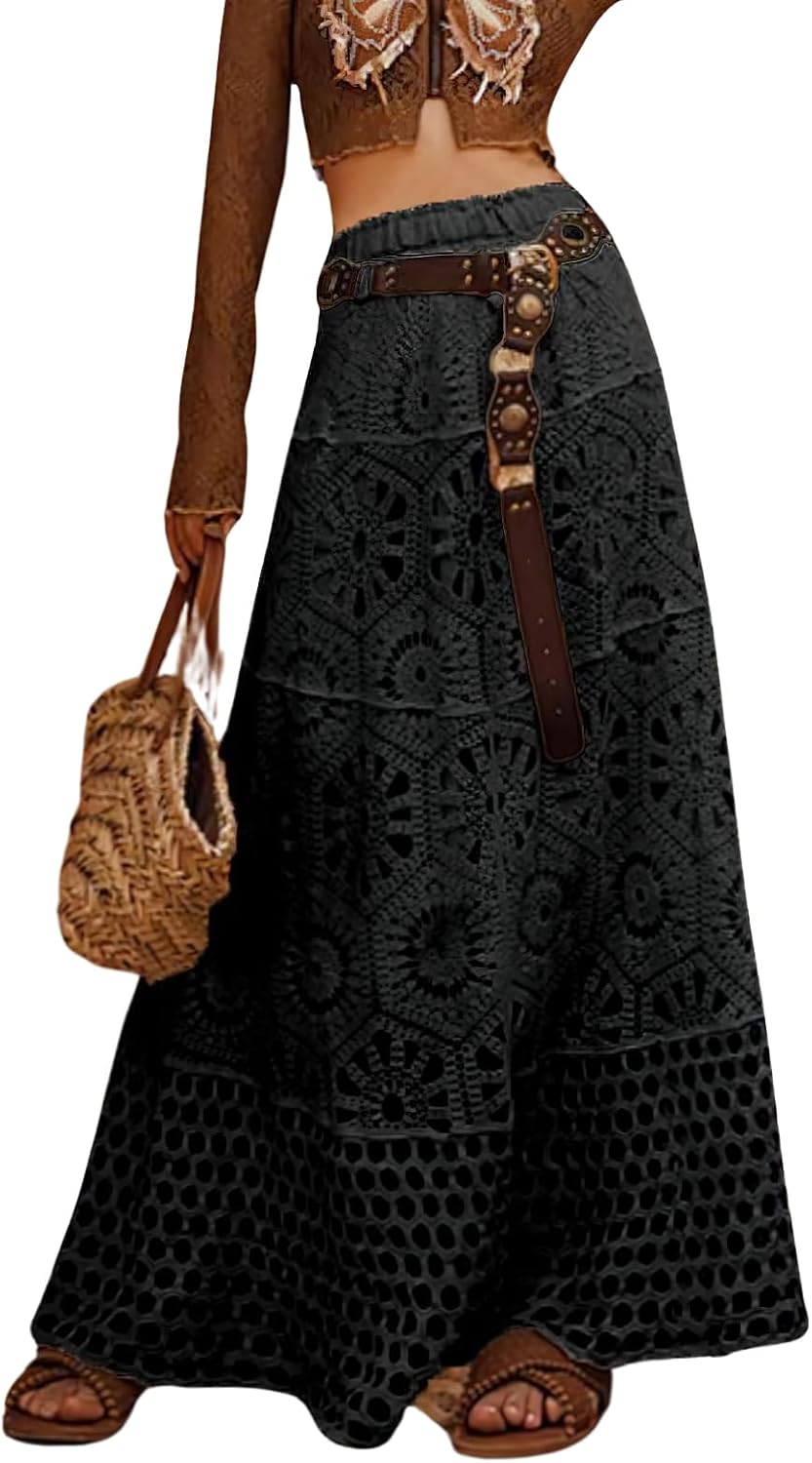 chouyatou Women's Boho Floral Embroidered Knit Skirt Lace Crochet Eyelet Elastic Waist Flared Maxi Skirt