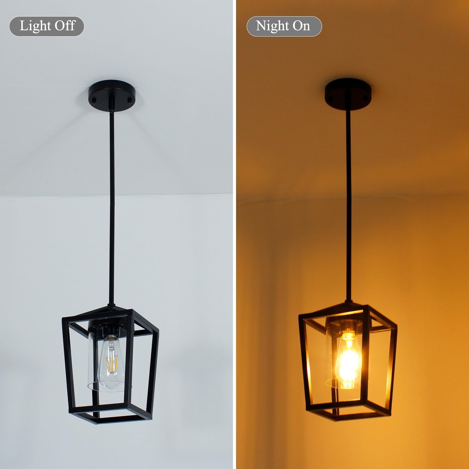 1-Light Black Pendant Light Fixture Farmhouse Metal Cage Pendant Light with Clear Glass Shade Rustic Hanging Lantern Lamp Chandelier for Kitchen Island Entryway Dining Room Hallway, QU-PL-001