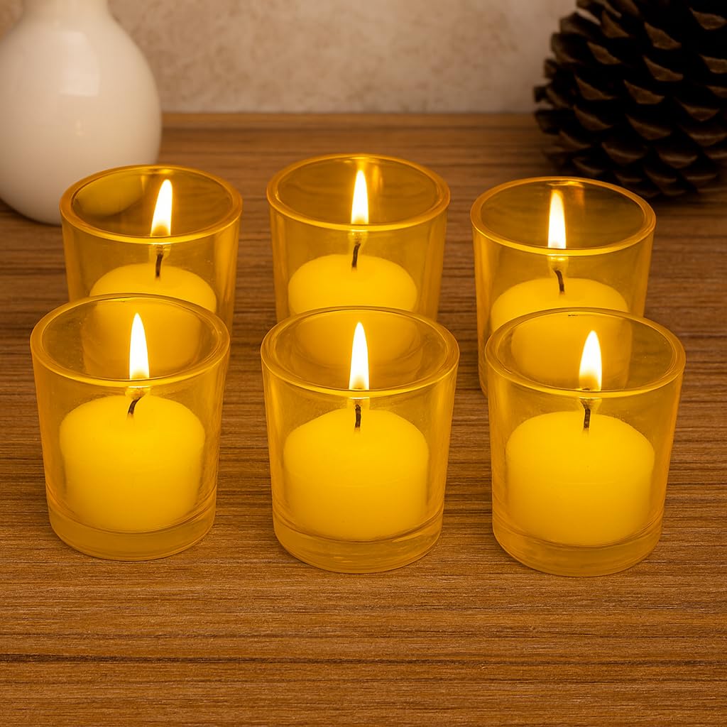 Pure Source India Tea Light Votive Glass Candle Holders – Perfect for Diwali, Weddings, Spa & Holiday Décor (Pack of 6, Yellow) 4