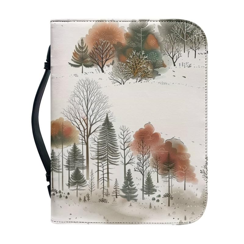 Kuiaobaty Painting Forest Print Book Bag with Handle PU Leather Bible Book Case, Beige Carrying Book Protector Bag with Pen Slots — image 1