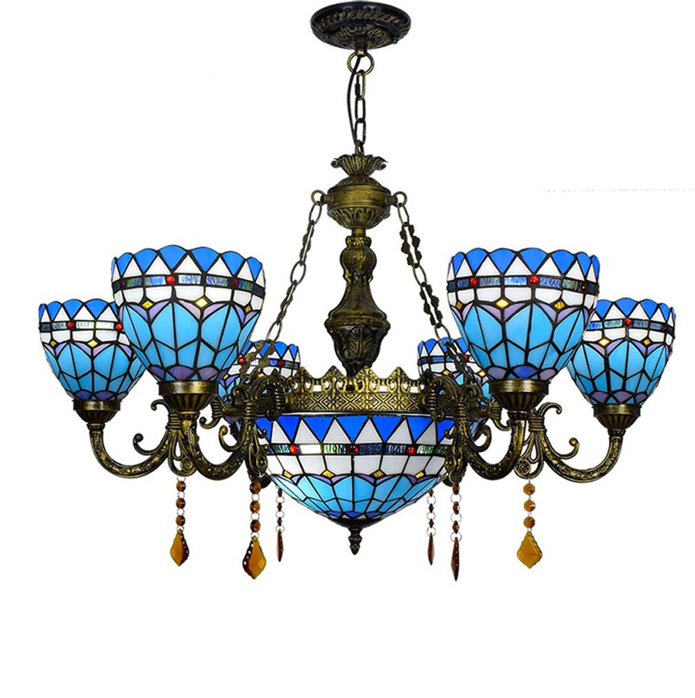 YNIYUJKL Blue Mediterranean Large Many-Arm Chandelier, Tiffany-Style Crystal Ceiling Lights Stained Glass Pendant Lights Fixture For Dining Room, Living Room, Hallway, Stairw