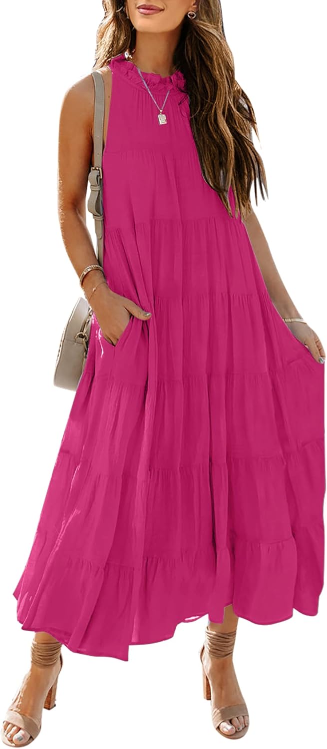 HAEOF Women's Summer Sleeveless Halter Midi Maxi Dress Casual Loose Fit Pleated Tiered Flowy Beach Vacation Long Sundress