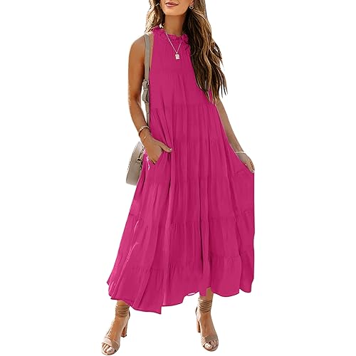 HAEOF Womens 2024 Summer Sleeveless Halter Maxi Dress Pleated Tiered Swing Beach Long Dresses Sundress