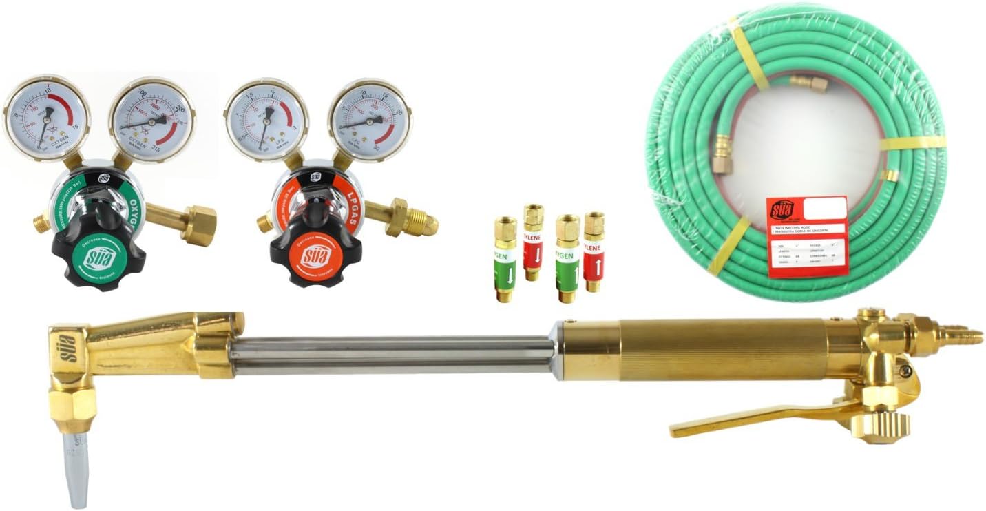SÜA 18" Heavy Duty Straight Cutting Torch 90° Head + Regulators + Tip + Arrestors + 25' Hose - Compatible with Harris - (PROPANE)