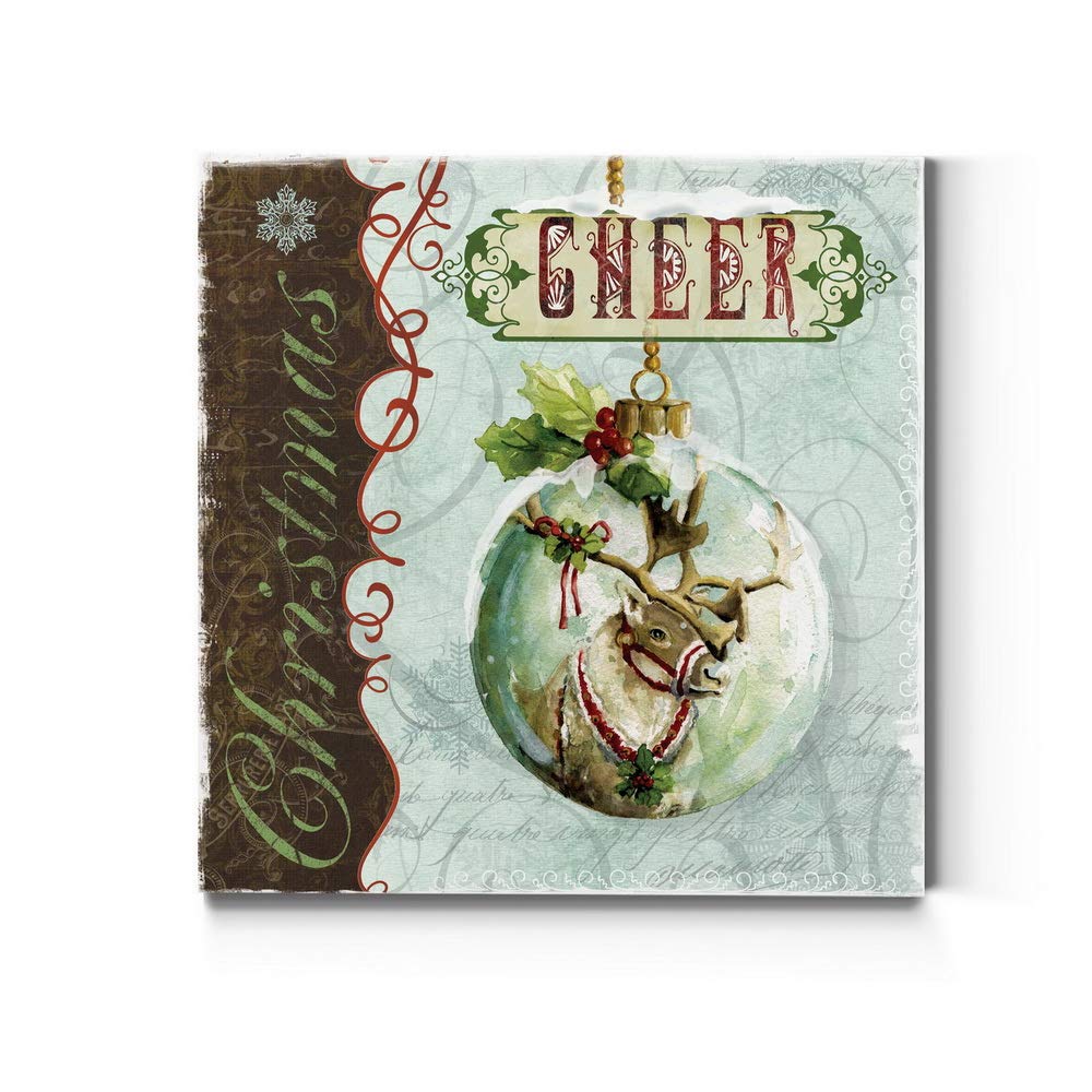 Renditions Gallery Christmas Cheer Ornament Wall Art, Cute Winter Decor, Festive Reindeer with Red & Green Holly, Premium Gallery Wrapped Canvas, Ready to Hang, 16 in H x 16 in W, Made in America