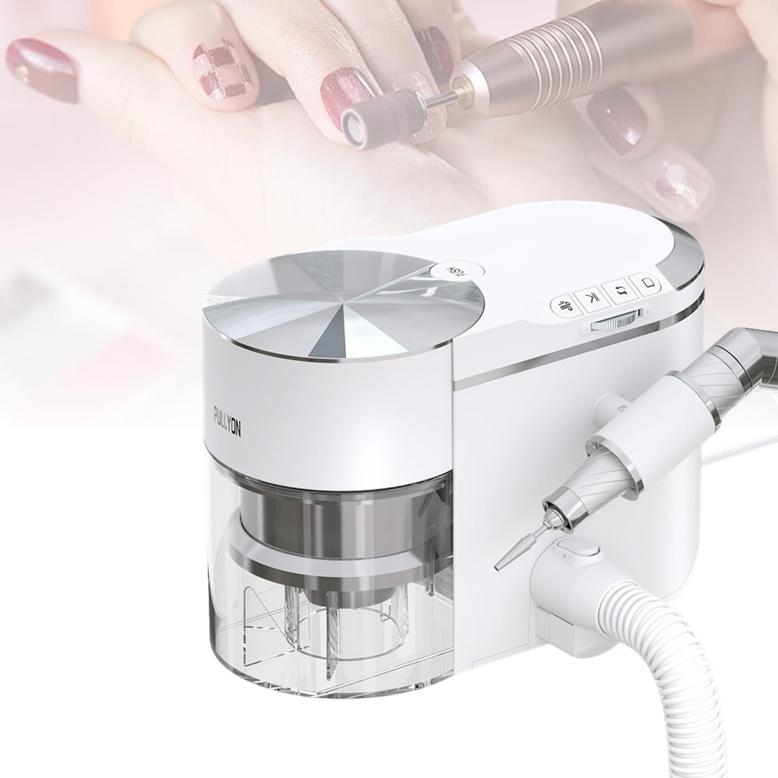 This nail vacuum cleaner features a 30,000 RPM brushless motor, combining a 2-in-1 electric nail drill and vacuum cleaner. It operates quietly and is suitable for both nail salons and homes