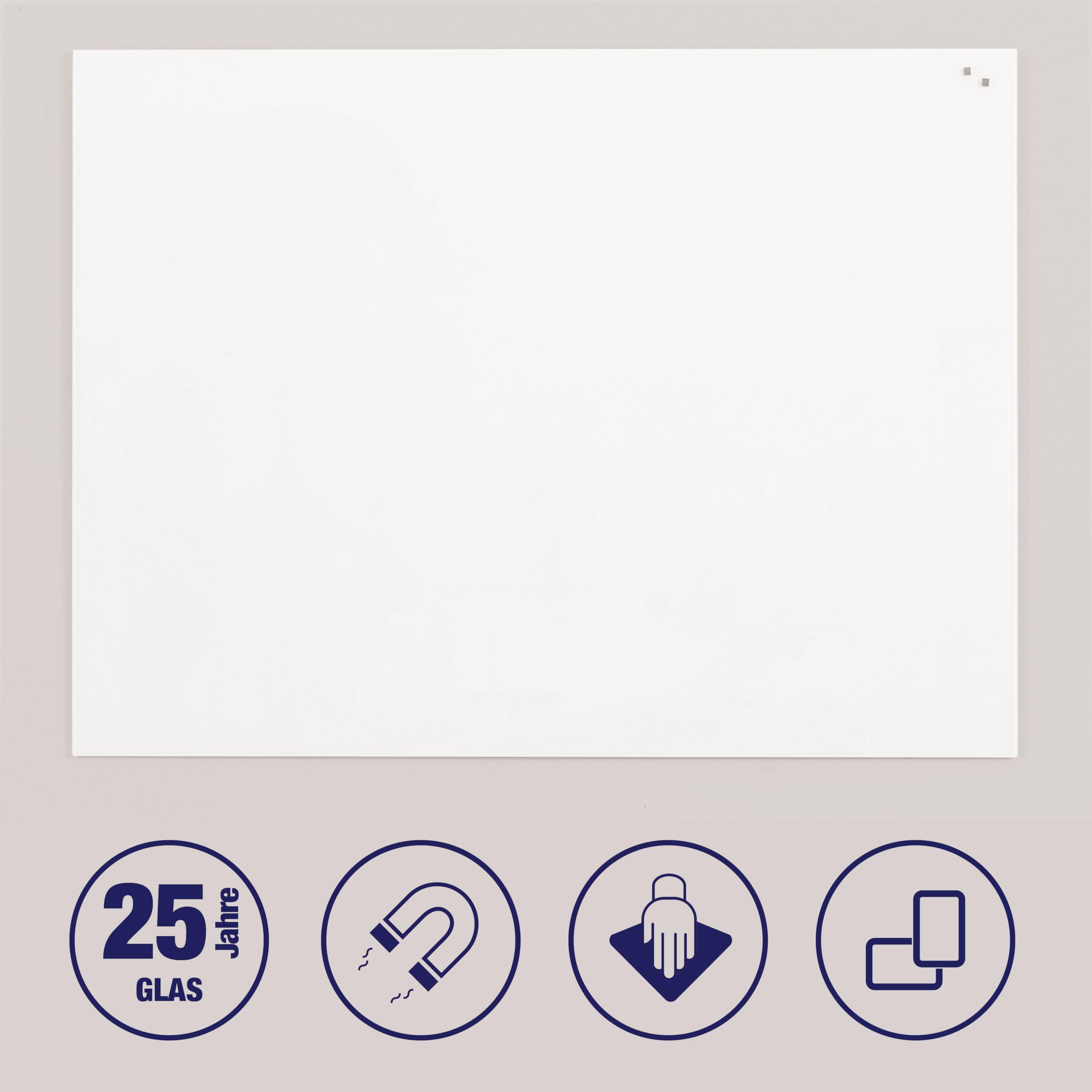 FRANKEN Whiteboard aus Glas, magnetisch und beschreibbar, Design-Schreibtafel ohne Rahmen, Magnettafel zur Wandmontage, inkl. Magnete, Weiß, 120 x 90 cm, GTL9012009