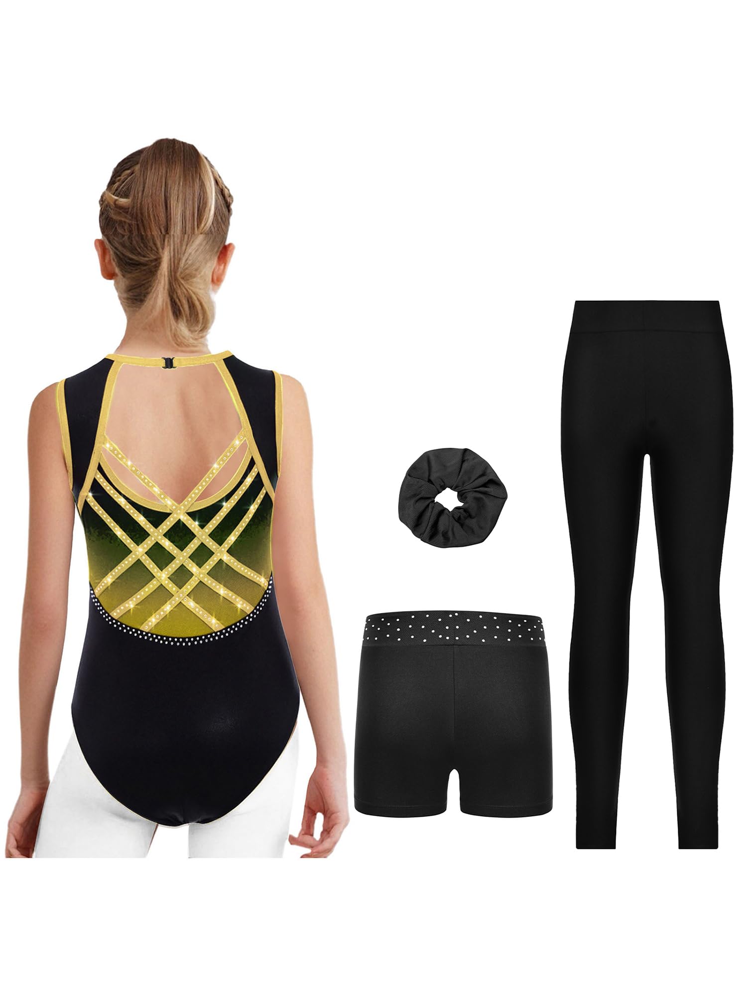 Pezzi Tutu Da Ginnastica Per Bambina Scintillante Tutu Da Ginnastica Con Pantaloncini Shorts Fazzoletto Per Capelli Leotard Da Da Maglia Da Per Competizioni Oro 5-6 anni