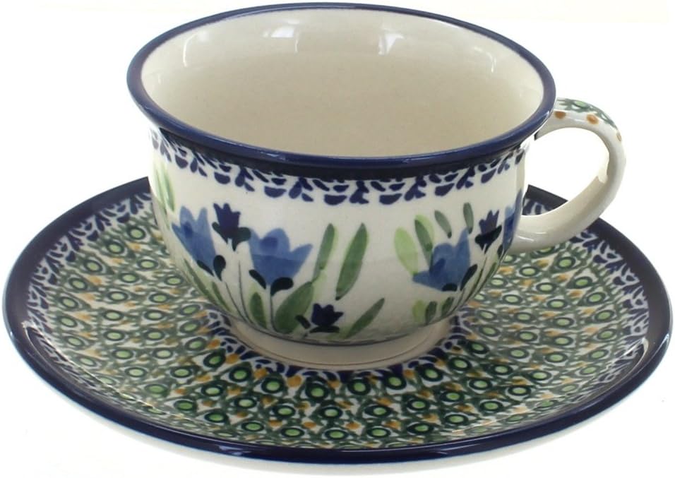Blue Rose Polish Pottery - Blue Tulip Cup & Saucer - 6.75 Oz - Unique Mug & Saucer, Perfect for Breakfast