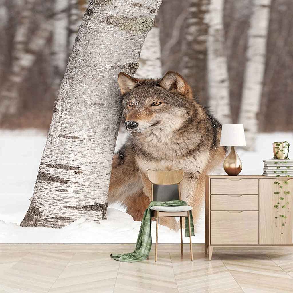 Papier peint loup des neiges 300x210 cm pour salon cocooning