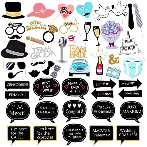 52 Pcs Wedding Photo Booth Props Kit DIY Funny Bridal Shower Photo Props for Engagement Party Decorations with Sticks Real Glitter Bachelorette Party Supplies for Girls and Women